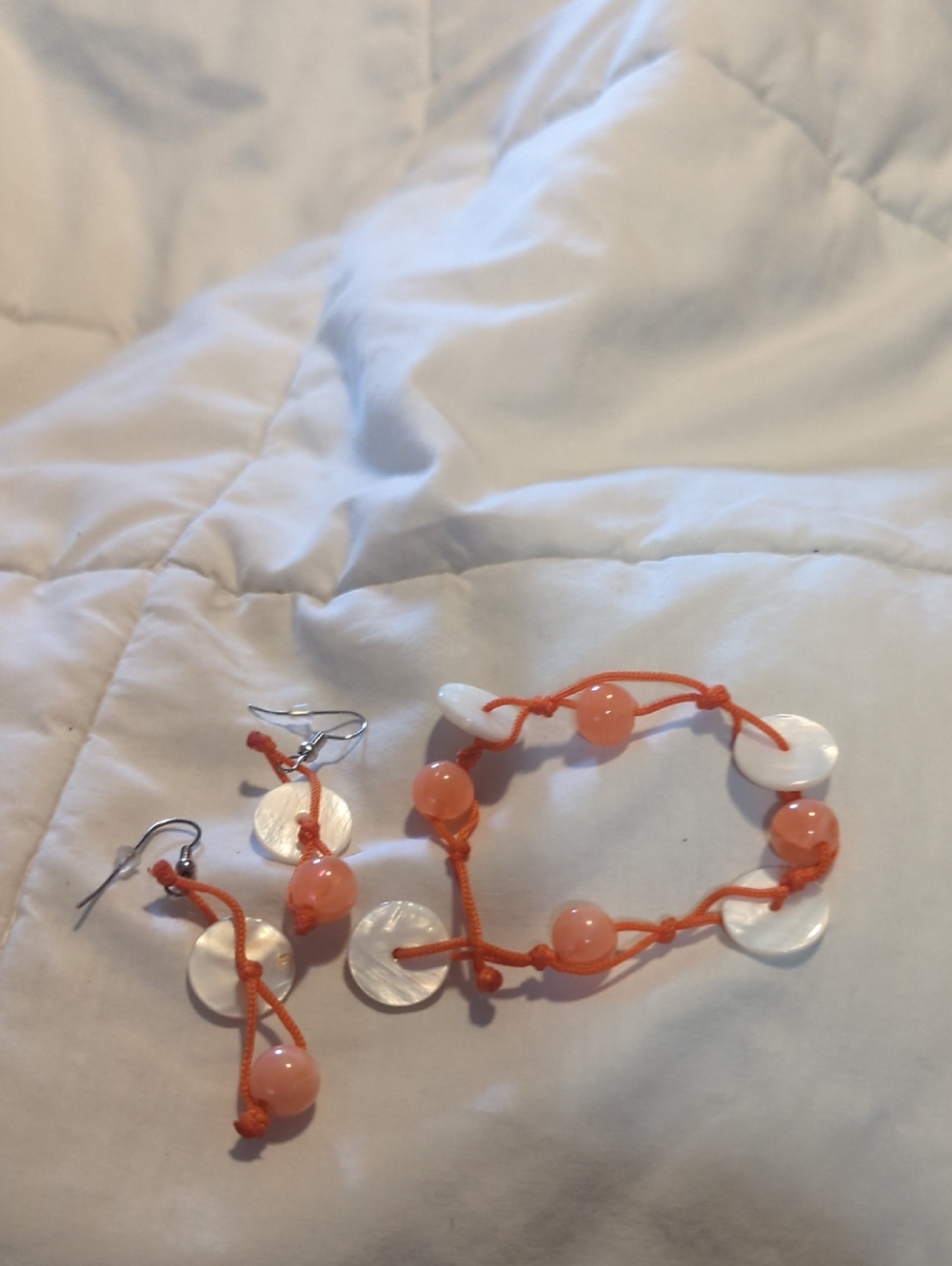 Handmade Orange Bead and Shell Bracelet & Earring Set